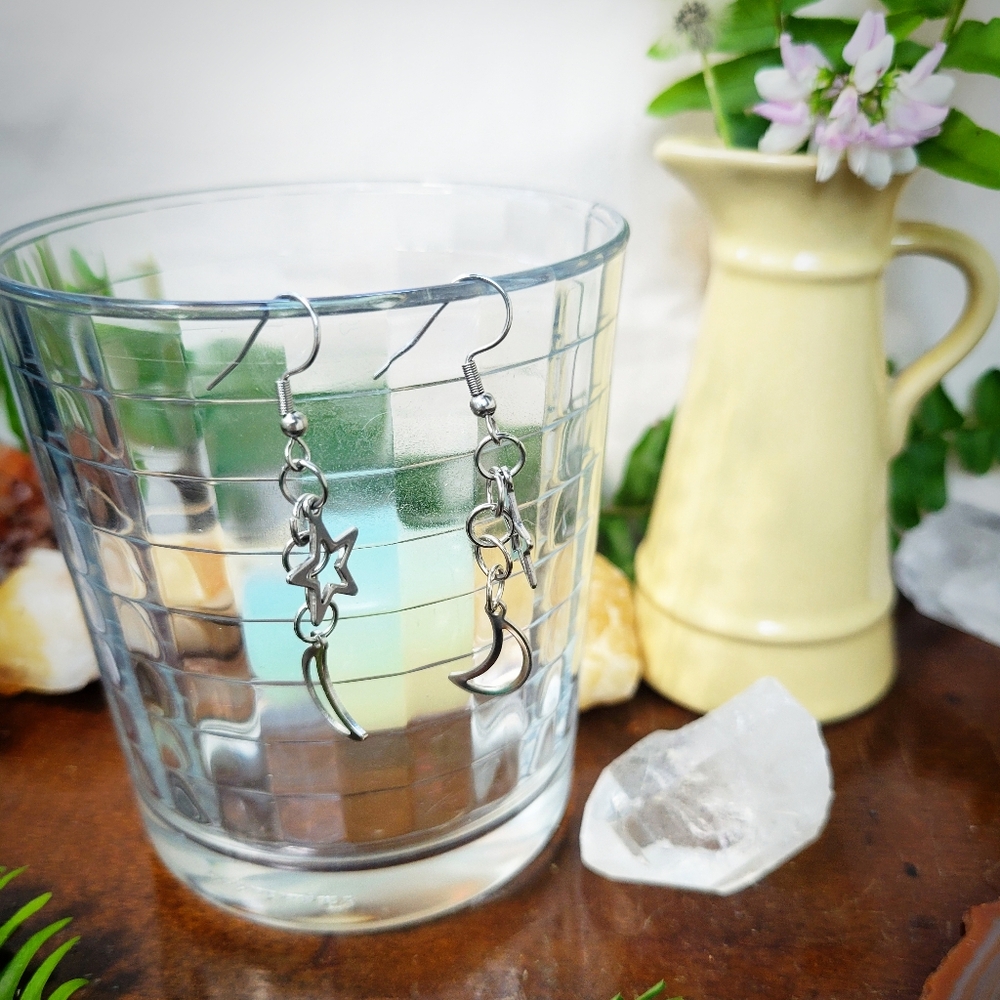 Silver Star & Moon Earrings - Stainless Steel - Handmade